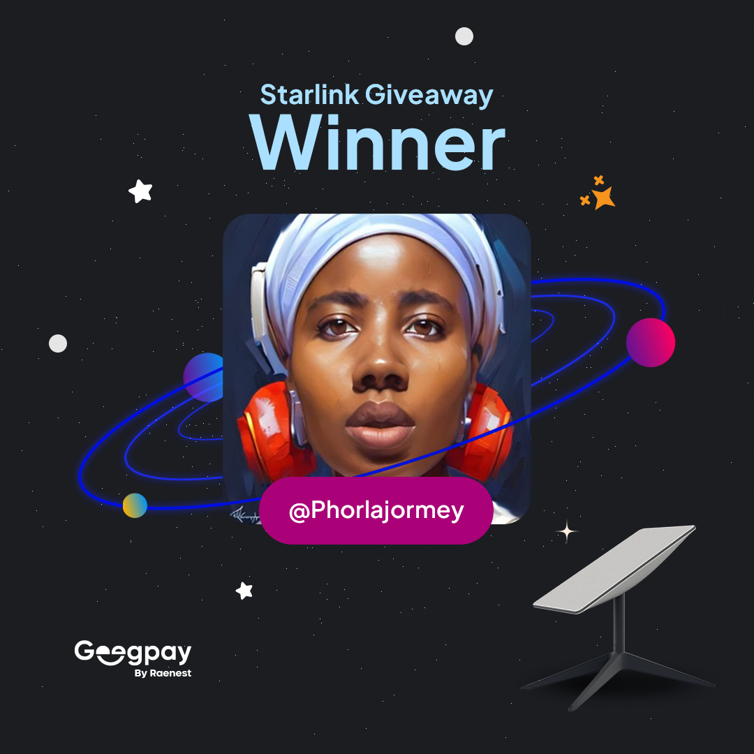 Congratulations <a href="/Phorlajormey/">ÀʝÒ𝒦É (Purple Queen)</a> 💃

You have won yourself a Starlink Internet Router + One Month Subscription. 🌐

Thanks to everyone who participated. Be on a look out for more. 

#GeegpayStarlinkGiveaway 
#FreelanceCommunity