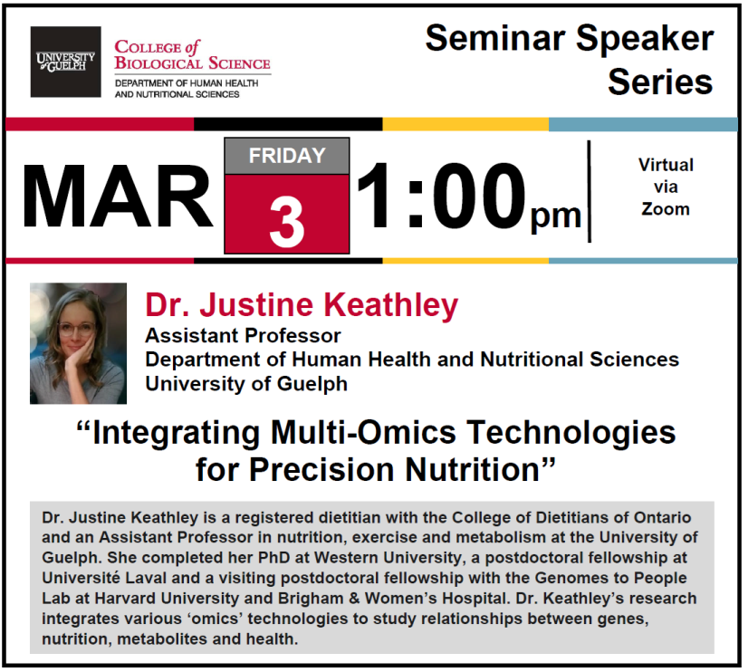 📢HHNS SEMINAR SERIES <a href="/UofG_HHNS/">HHNS at UofG</a>!
🎙️"Multi-Omics Technologies &amp; Precision Nutrition"

🎓Dr. JUSTINE KEATHLEY
💼Prof. <a href="/UofG_HHNS/">HHNS at UofG</a>!
🔎Profile: uoguel.ph/pbmdp

⏰1pm
🗓️Fri. Mar 3
📌Zoom: zoom.us/j/99177467471

♥️All Welcome!
🔬#WomenInSTEM #WomenInScience
🏛️#UofG #UofGCBS