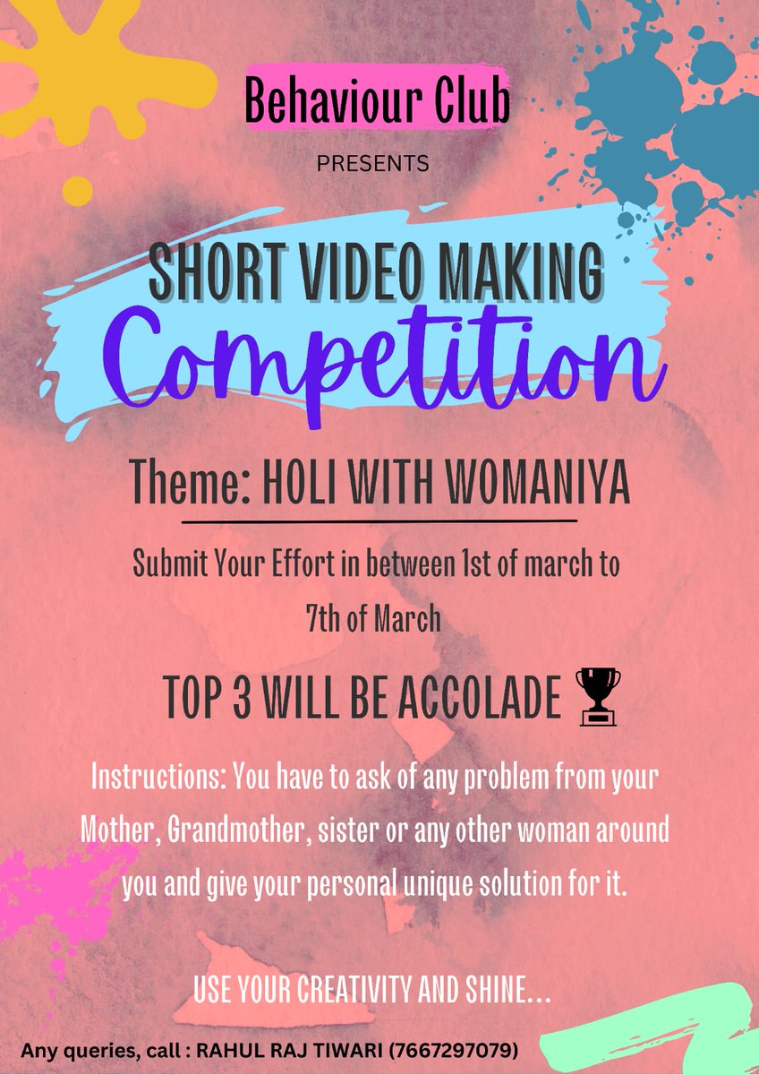 mansidubey26's tweet photo. Hello Everyone,This Holi let’s celebrate it with the new colour of enthusiasm and dedication towards society,On this Holi we will also be celebrating International Women’s Day,and for that behaviour club is back with a new event🙏✨ #unicef #behaviourclub #holiwithwomaniya https://t.co/rmsnyLBSeT