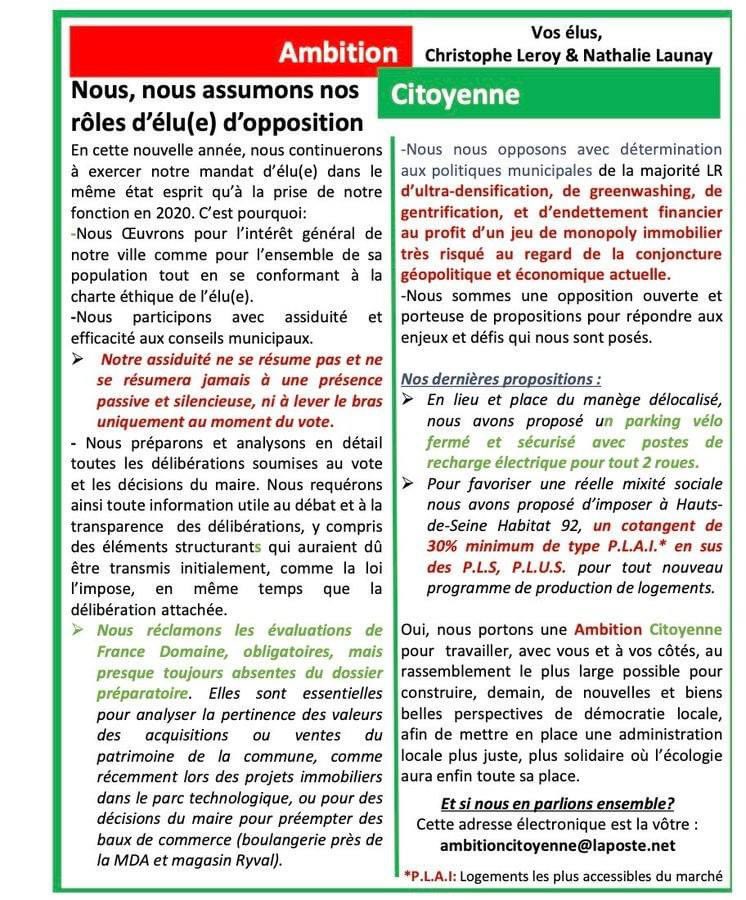 clamart_s's tweet photo. Découvrez la tribune des élus d’opposition de la ville du Plessis-Robinson dont @Ethique92350 #plessisrobinson 
#autoritarisme #densification #greenwashing https://t.co/B4V32qQdH1