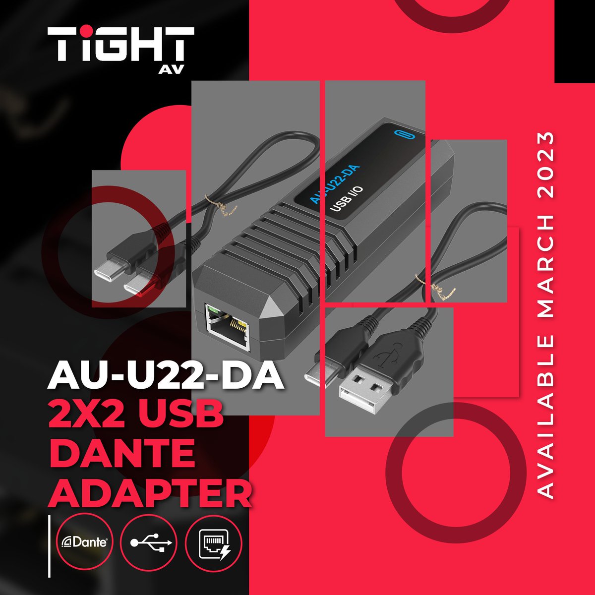 Introducing the AU-U22-DA! from TightAV This is a class compliant 2x2 USB Dante adapter, providing plug-and-play connectivity to any device that supports USB audio. The USB connector is type C, with both C/A and C/C cables included in the box. Very generous indeed😇.