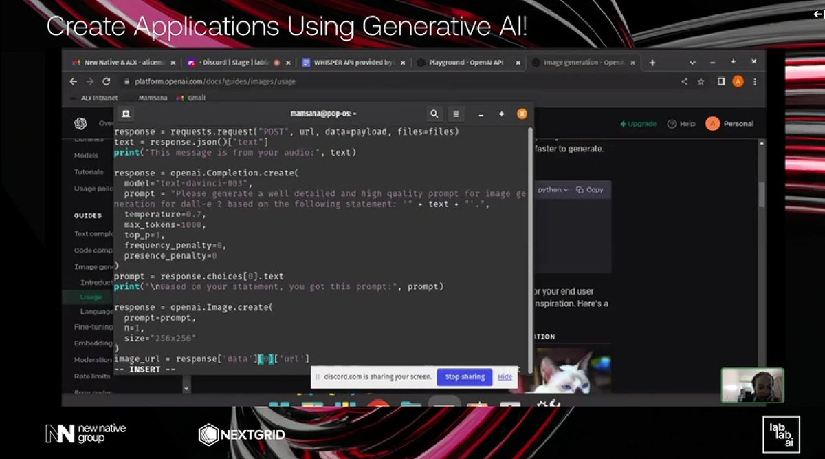 jbarbier's tweet photo. OMG 🤯 @AliceMamsana has just coded a full AI app in less than 30 minutes using DALL-E 2 API, GPT-3 and Whisper... 
LIVE: https://t.co/ba0ziyFQl1 https://t.co/6QWllOGsJU