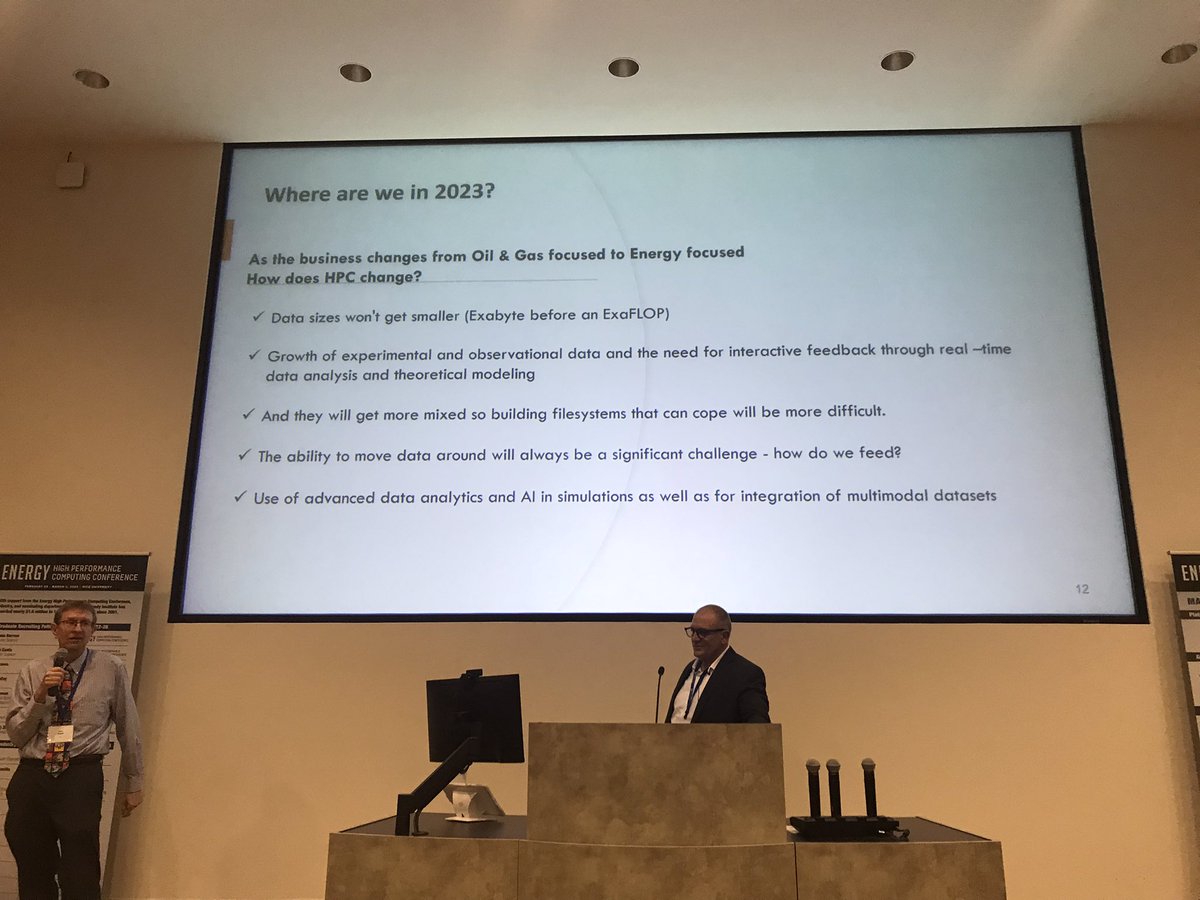 addisonsnell's tweet photo. Looking at the state of #EnergyHPC in 2023, Calandra and Etgen say “Energy” has expanded beyond “Oil &amp; Gas.” Seismic processing doesn’t shrink, but it becomes a smaller part of the pie as new applications emerge. #AI, #cloud cited as key #HPC components. #EHPC23 https://t.co/AcgyOSROxz