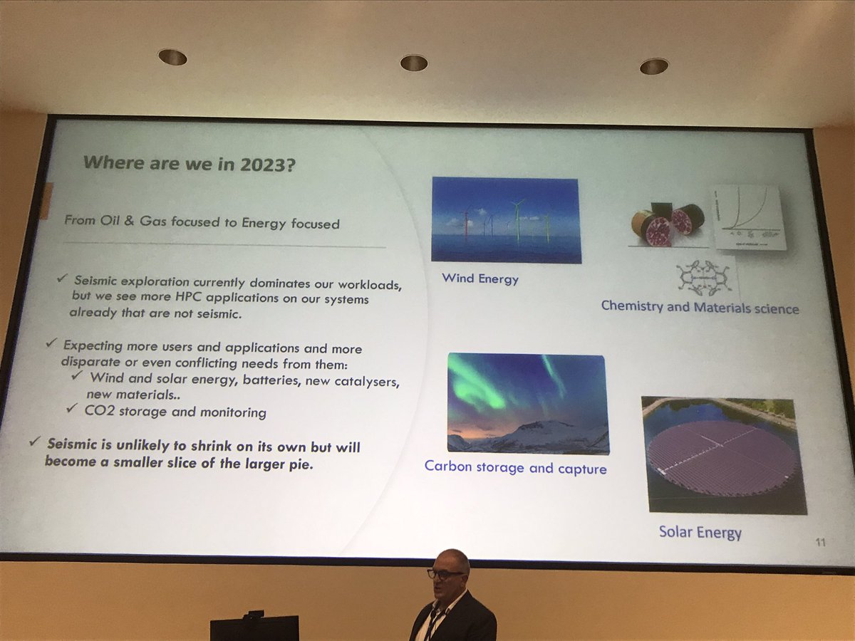 addisonsnell's tweet photo. Looking at the state of #EnergyHPC in 2023, Calandra and Etgen say “Energy” has expanded beyond “Oil &amp; Gas.” Seismic processing doesn’t shrink, but it becomes a smaller part of the pie as new applications emerge. #AI, #cloud cited as key #HPC components. #EHPC23 https://t.co/AcgyOSROxz
