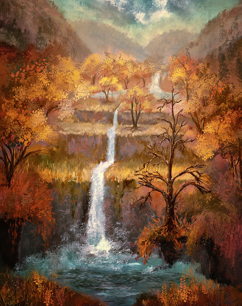 LoisBryanPhotog's tweet photo. One last look back at autumn as we plunge into spring … The Lost Waterfall" strictly from my imagination … no photo at all, hand painted by a human (me!) in #CorelPainter … #NoAI / #NoArtificialIntelligence involved.  #waterfall #art #homedecor #mountains #giftideas #LoisBryan https://t.co/6zsdP7eRxg