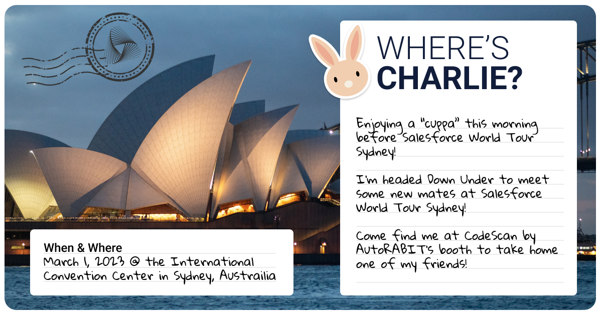 autorabit's tweet image. Introducing #CharlieRabit! - the newest member of AutoRABIT! 🐰
He'll be visiting us at conferences all around the world. Look for the #CodeScan by AutoRABIT booth wherever you are and come say hi!
Where do you think he's off to first? ✈️
bit.ly/3IGbnIK
