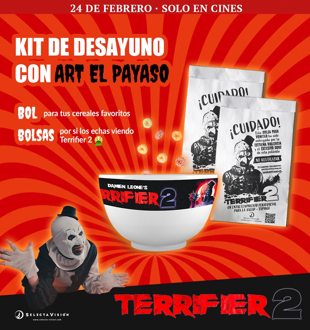 terror_weekend's tweet photo. Sorteo de 1 kit de desayuno con #Terrifier2 🎟️

Llega el slasher que ha provocado desmayos en salas en Estados Unidos

Bases: 
1⃣ RT y seguir a @terror_weekend y @SelectaVision 
2⃣ Responde con quién te gustaría disfrutar de este desayuno
3⃣ El sorteo finaliza el 4 de marzo https://t.co/NhxQ0cxTkT