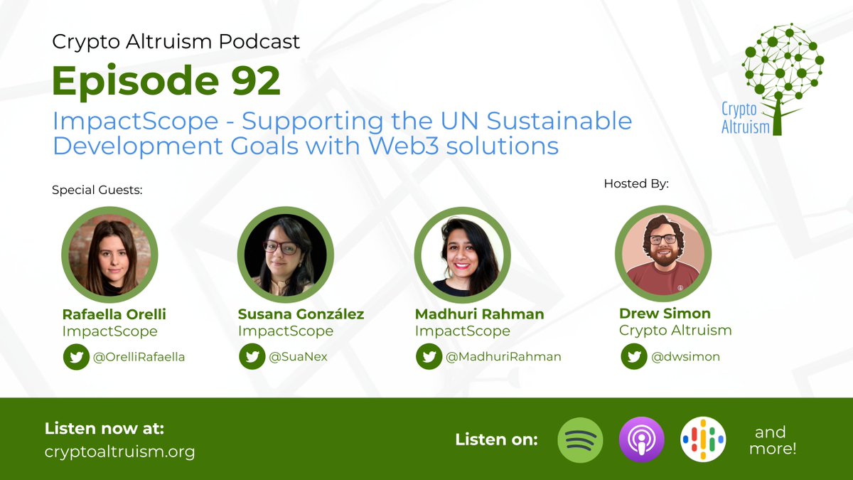 New Episode!!🙌🚨

For Ep 92 we're excited to welcome @OrelliRafaella <a href="/MadhuriRahman/">Mishti</a> &amp; <a href="/SuaNex/">Susana González</a> from <a href="/ImpactScope/">ImpactScope</a>!

We discuss
✨How #Web3 can help NGOs verify &amp; amplify their impact
✨Proof of Impact #NFTs
✨How Web3 tools can support the <a href="/UN/">United Nations</a> SDGs

Listen: cryptoaltruism.org/blog/crypto-al…
