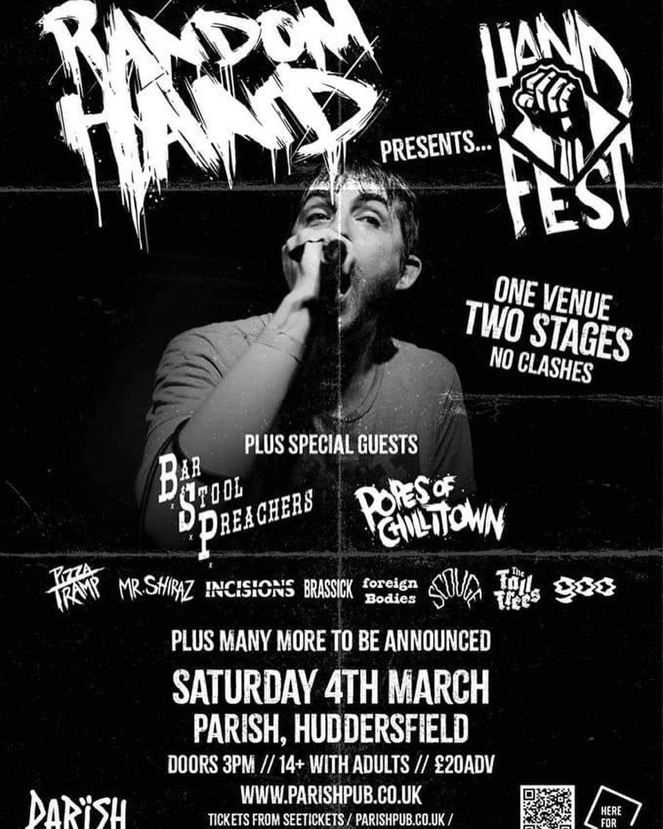 BarPreachers's tweet photo. On Saturday we are joining @RandomHandUK for #HandFest at @ParishHudd along with @popesofctown, @MrShiraz, @PizzaTrampUK, Incisions and many more. Tickets are still available!
https://t.co/W9AcVVJK0Q https://t.co/NiDDHqNSOc
