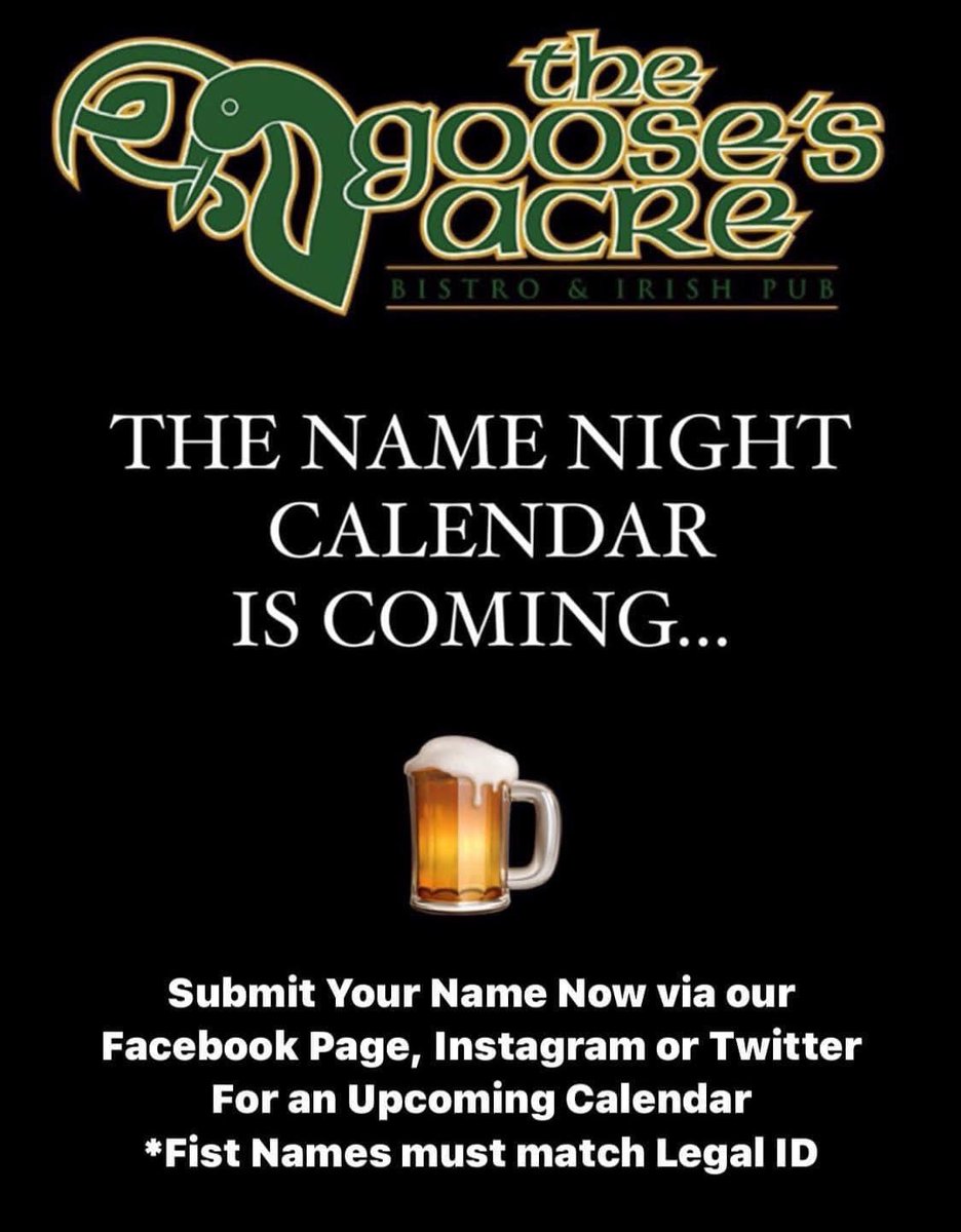 TheGoosesAcre1's tweet photo. It’s almost #NameNightCalendar time! We release our #March #NameNight Calendar on WEDNESDAY March 1st! Submit your first name as it appears on your legal ID… #GetLucky
🍀🍺🥃 https://t.co/RJGco2khiU