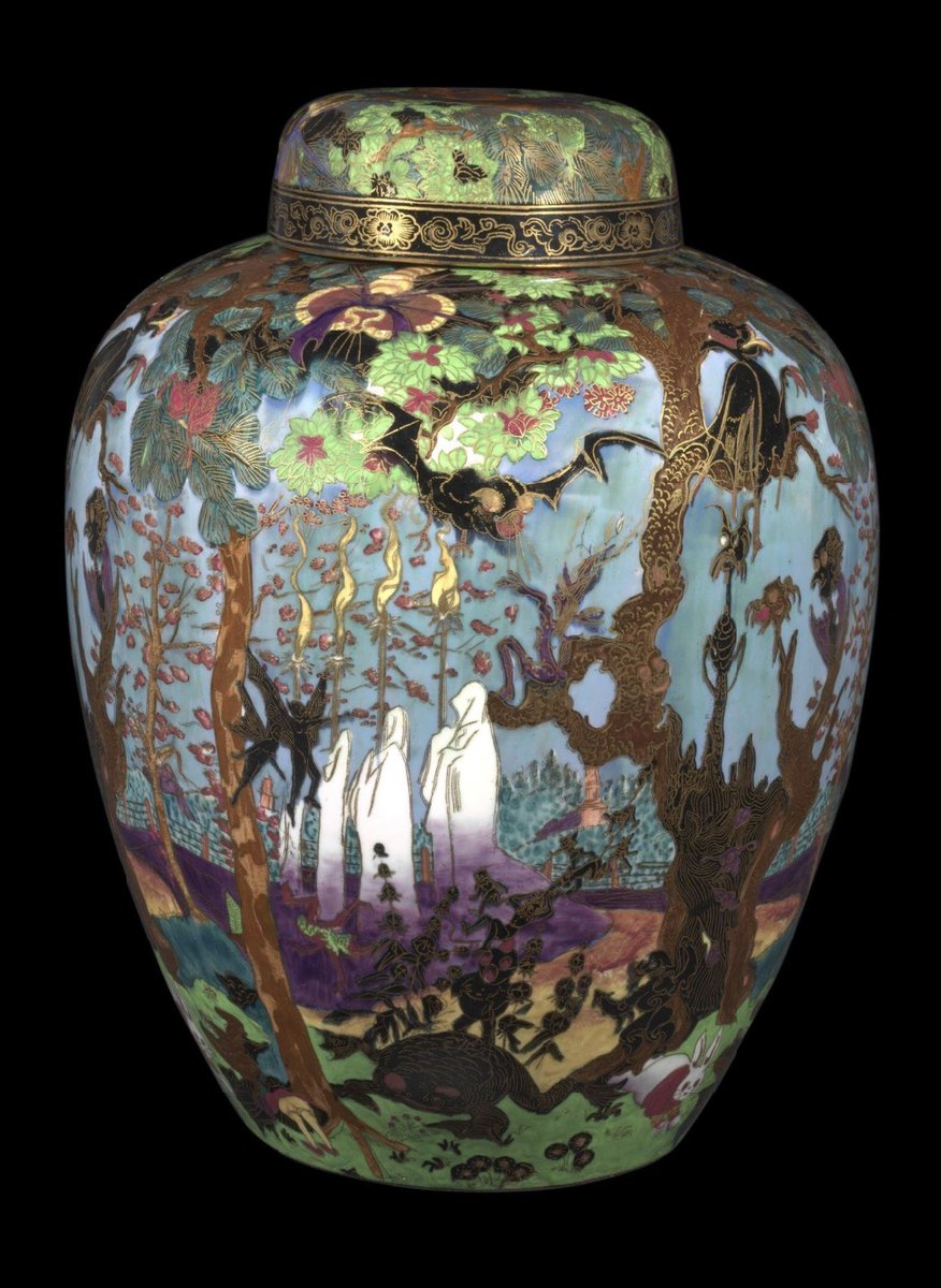 BurialsBeyond's tweet photo. 'Ghostly Wood' by Daisy Makeig-Jones/Wedgwood (c1916) Fairyland lustre jar and lid with decoration inspired by the illustrations of 'The Legend of Croquemitaine' by Gustave Doré, with woods, ghosts, fairies and goblins. @V_and_A https://t.co/nv44VcRH6p