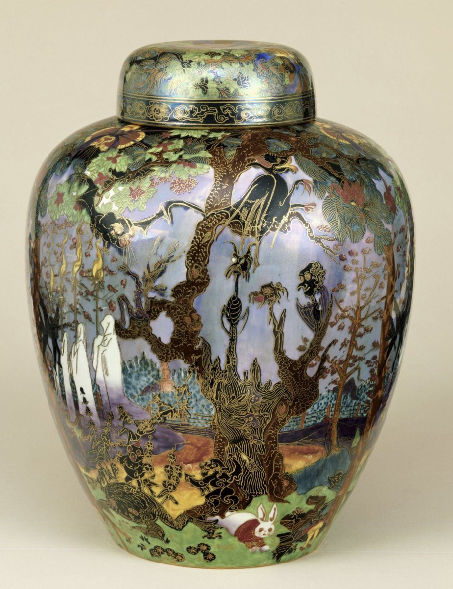 BurialsBeyond's tweet photo. 'Ghostly Wood' by Daisy Makeig-Jones/Wedgwood (c1916) Fairyland lustre jar and lid with decoration inspired by the illustrations of 'The Legend of Croquemitaine' by Gustave Doré, with woods, ghosts, fairies and goblins. @V_and_A https://t.co/nv44VcRH6p