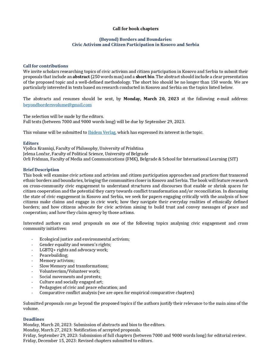 Call for book chapters
(Beyond) Borders and Boundaries: Civic Activism and Citizen Participation in Kosovo and Serbia