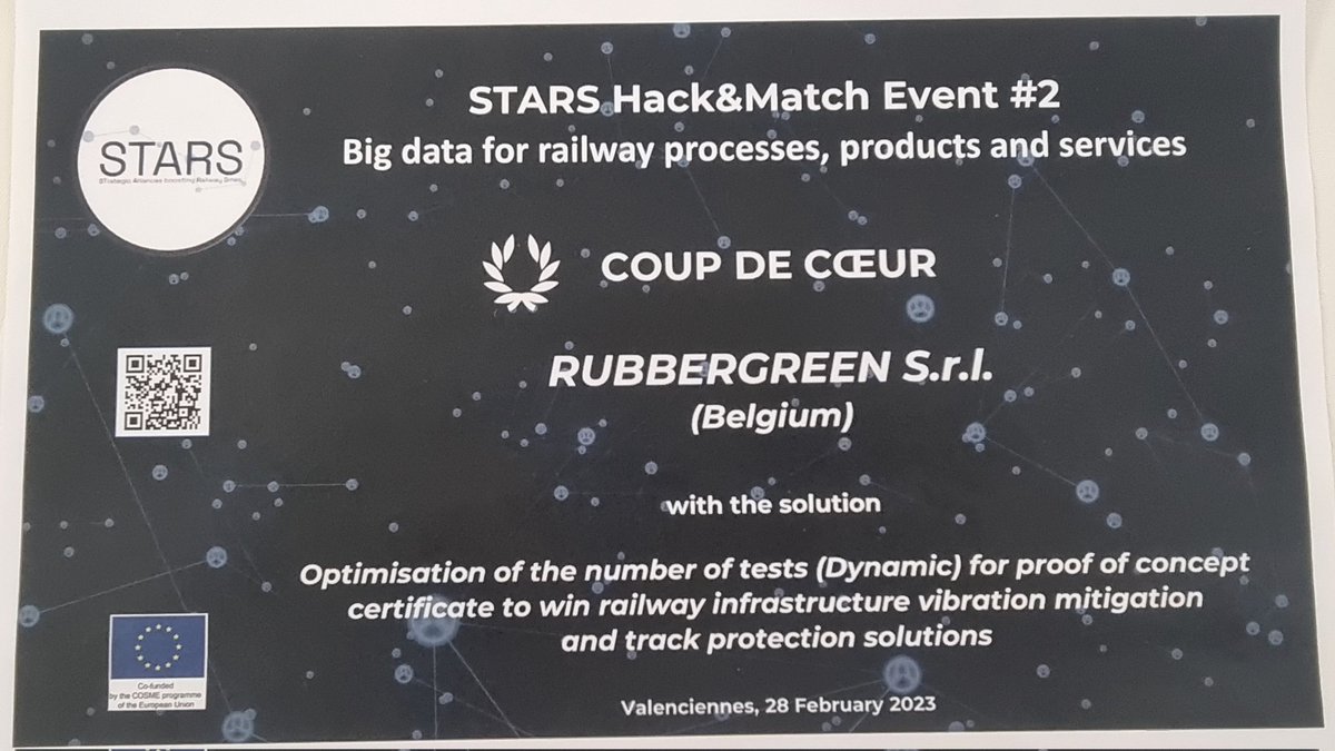 STARS4Rail's tweet image. ....and the Coup de Coeur is....

🏵 RUBBERGREEN 🇧🇪

The Award Diploma we provide them hosts a #QRcode on the cover, and a #NFCtag on the back, enabling #anyone to check data concerning this Award, thanks to our #STARS #Blockchain #Network

 Scan the QRcode on your own!