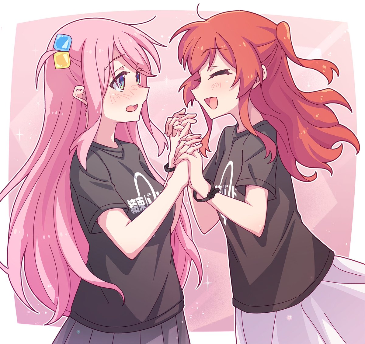 gotou hitori multiple girls 2girls pink hair long hair cube hair ornament yuri red hair  illustration images