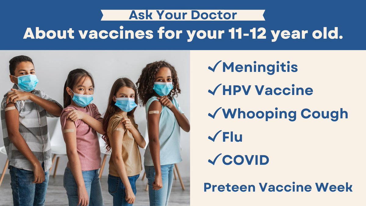AAPCA3's tweet image. Many kids missed out on #RoutineVaccines during the #pandemic. Make sure your preteen isn’t one of them! 

Preteen #vaccines protect against serious diseases, even cancer.

Talk to your child&apos;s #pediatrician today! #PreteenVaccineWeek