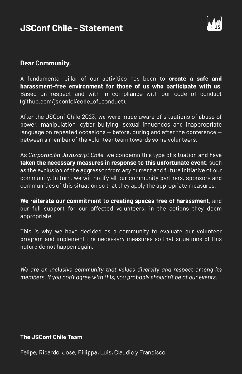 JSConf Chile Official Statement