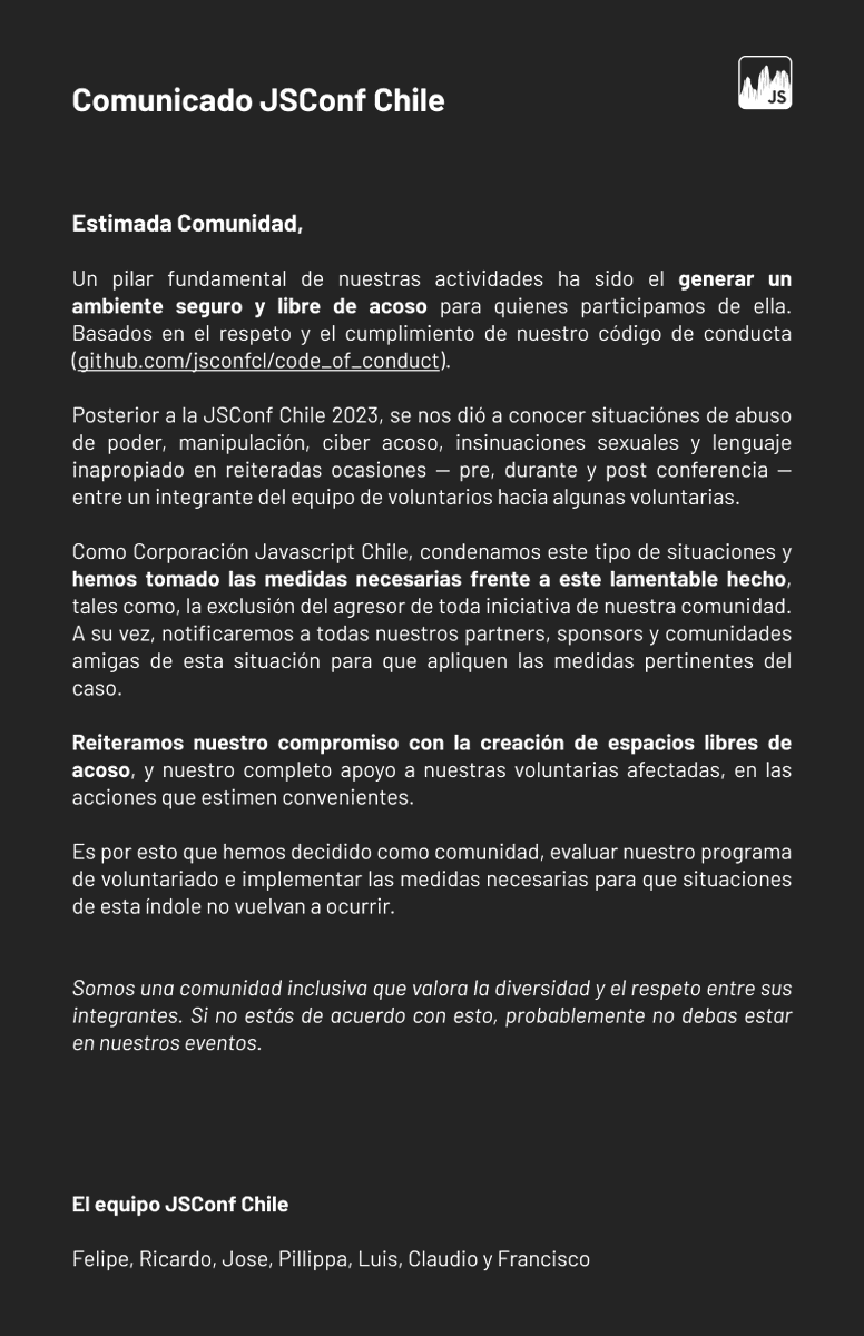 Comunicado Oficial JSConf Chile.