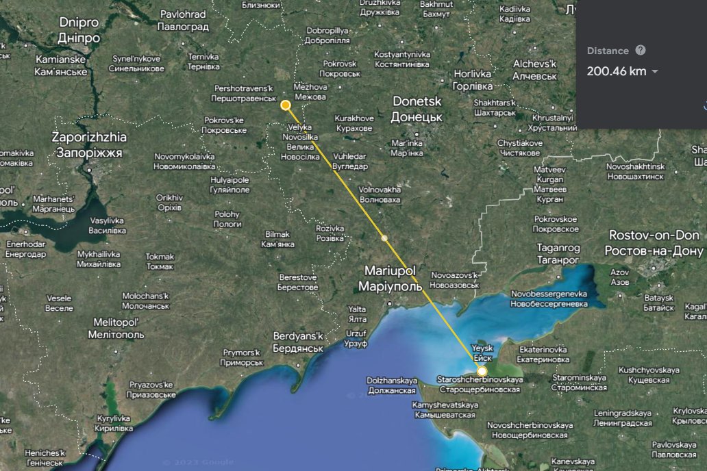 devil_n_details's tweet photo. @Archer83Able Yeysk is on the far side of the Sea of Azov, roughly 200km from where Ukraine would launch a drone/missile.

Russian navy base, but air force Su-34s have been using it; one crashed on 17 October 2022. A worthwhile target and I suspect not well protected against drone attack. https://t.co/ulrNzct3dp