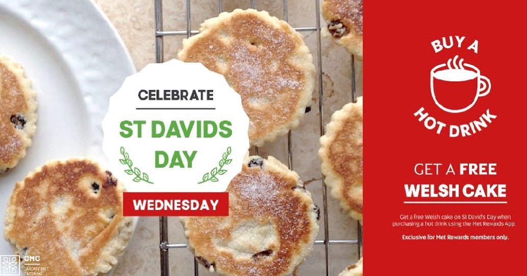 On St David's day, Wednesday 1st of March we are given away a free Welsh cake for every hot drink purchased using the Met rewards app ☕️🥮 
 #Metrewards #loyalty #stdavidsday🌼 #costofliving #welshproduce @CMetSEngagement @CardiffMetSU @welshfooddrink @TanYCastell1