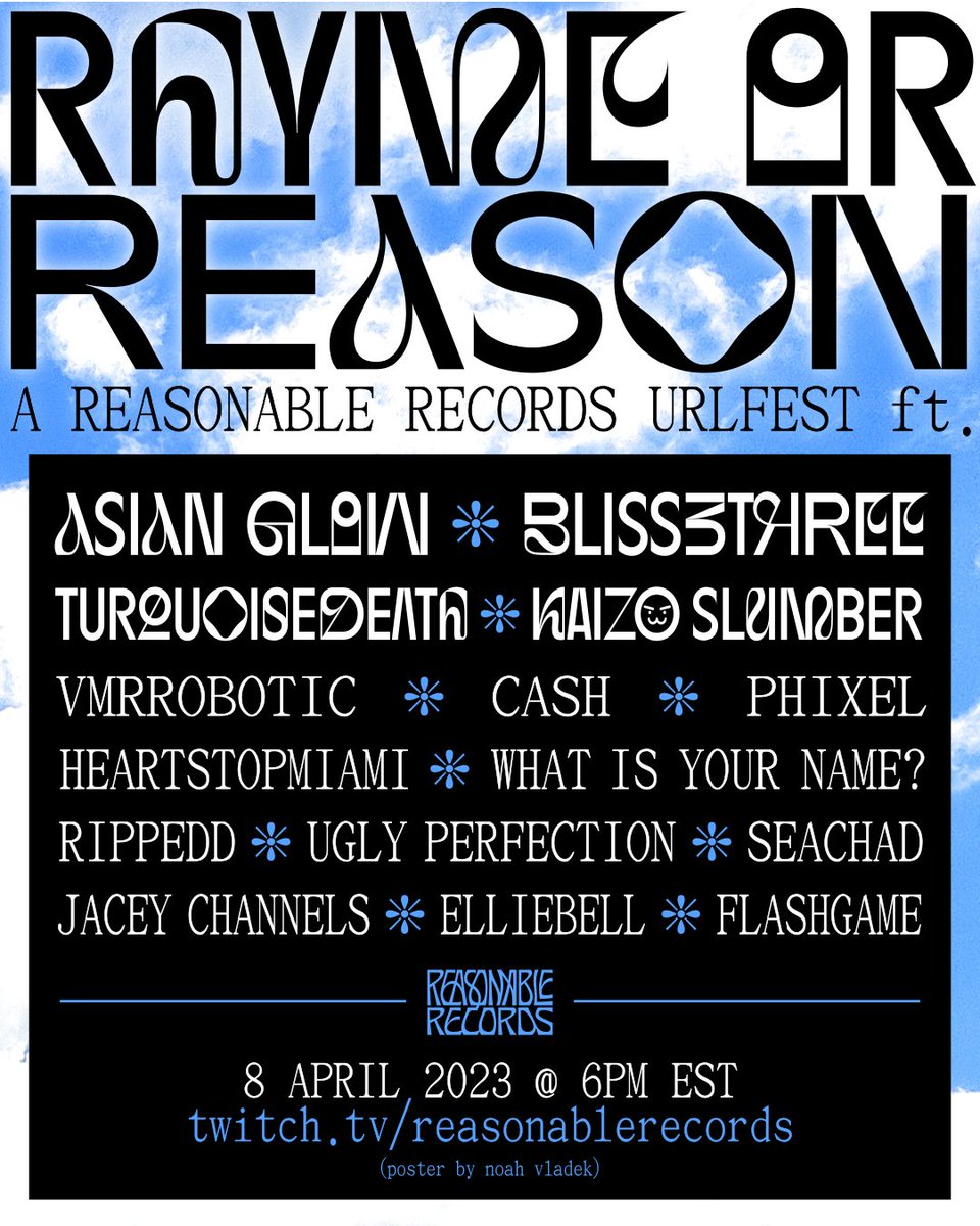 I am so happy to announce our biggest thing yet.... Rhyme or Reason, a urlfest by Reasonable Records. April 8th @ 6 PM est
 twitch.tv/reasonablereco…