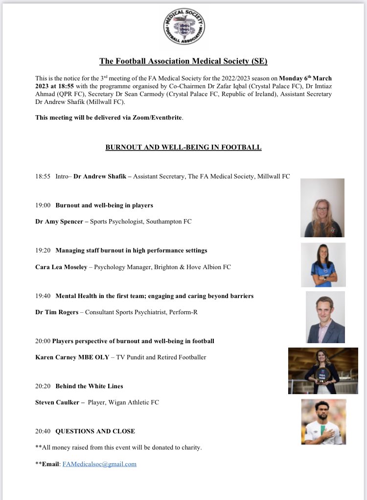 6️⃣ days left to REGISTER…

➡️ BURNOUT AND WELL-BEING IN FOOTBALL

📔 Monday 6th March 2023 

➡️ Registration LINK below
bit.ly/3Xaf0fb