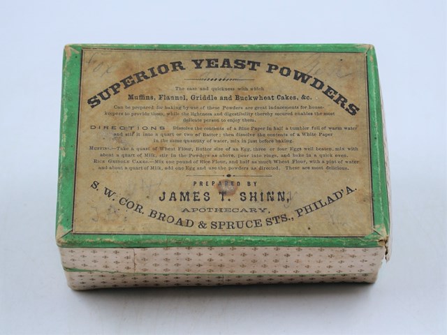 Rectangular cardboard box with green trim for "Superior Yeast Powders" James T. Shinn, Apothecary
S.W. Corner of Broad and Spruce Streets (current site of the Kimmel Center) [circa 1867] #pancakes #PhilaHistory #AtwaterKentCollection #Drexel