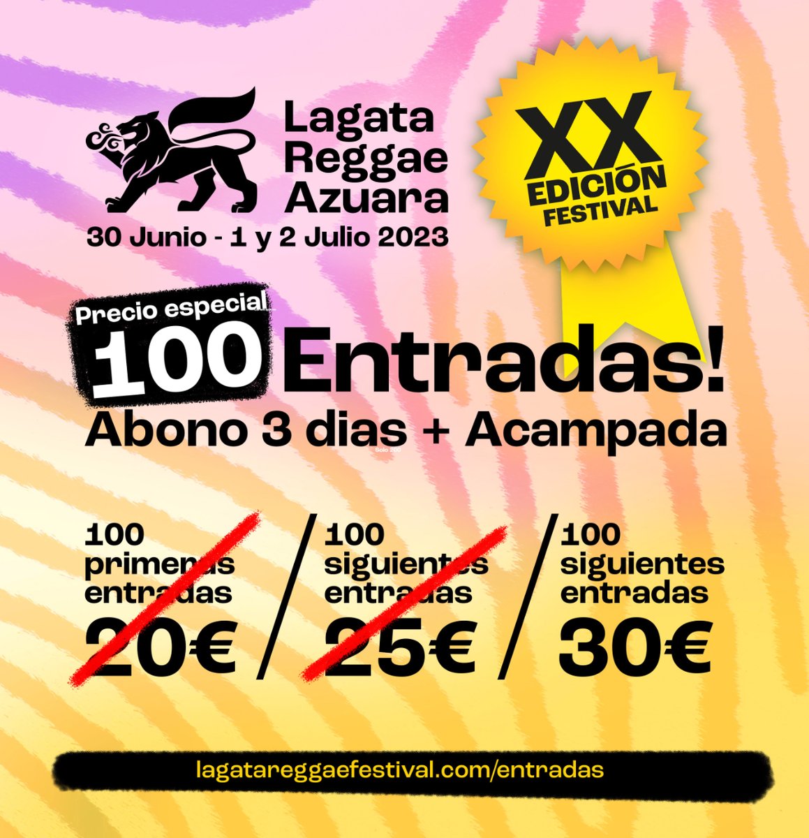 ¡2ª promoción agotada!
¡Activada la siguiente promoción: 100 entradas a 30 euros!
Estamos trabajando sin parar para que la XX edición sea la mejor fiesta de Reggae posible, y ver vuestro apoyo nos alegra y motiva para seguir en ello.¡Seguro que el Lineup completo os encanta!
