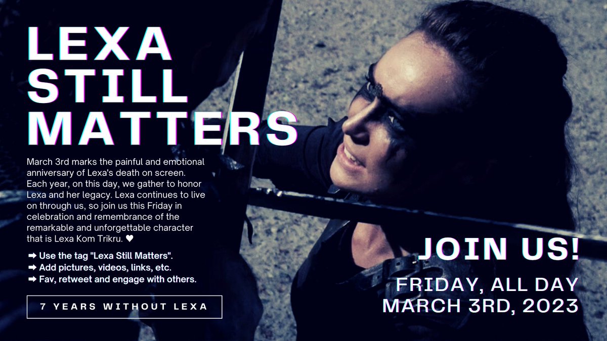 Clexasfandom's tweet photo. Please share the posters wherever you want, to let the many fans of Lexa and Clexa, old and new - know that we're gathering on March 3rd to trend for Lexa. Thank you all. 🤍
#Lexa #Clexa #Clexakru https://t.co/55tJAd1Zc2