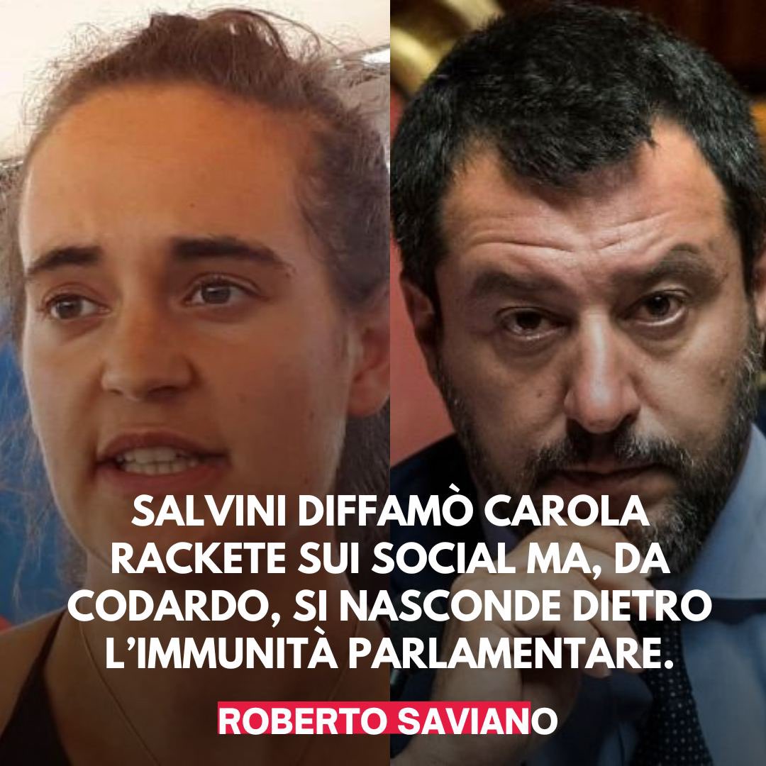 Roberto Saviano (@robertosaviano) on Twitter photo Il codardo #Salvini su Carola #Rackete: βZecca tedesca, sbruffoncella, fuorilegge, complice dei trafficanti, potenziale assassina, delinquente, criminale, pirata.β
Ma per queste parole Salvini non andrΓ  mai a processo. Il codardo #Salvini su Carola #Rackete: βZecca tedesca, sbruffoncella, fuorilegge, complice dei trafficanti, potenziale assassina, delinquente, criminale, pirata.β
Ma per queste parole Salvini non andrΓ  mai a processo.