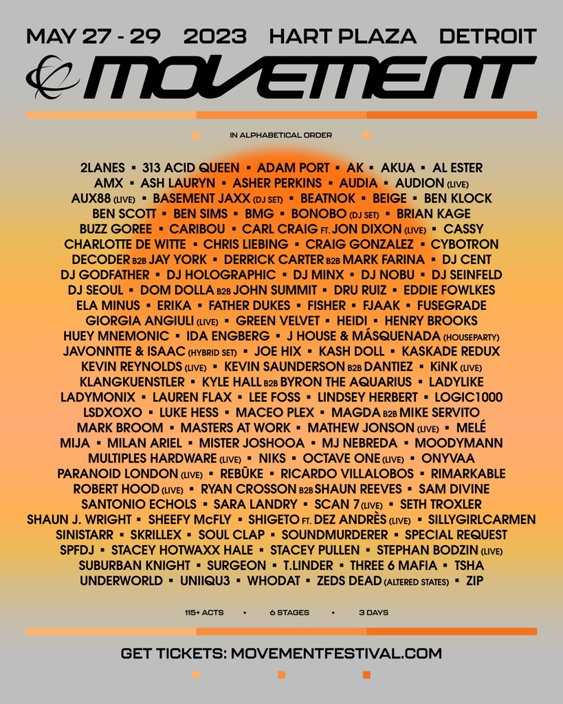 Movement Detroit (@movementdetroit) on Twitter photo Drift deeper into the sound. Your Movement 2023 has arrived!
<a href="/TheBasementJaxx/">Basement Jaxx</a>, <a href="/CharlottedWitte/">Charlotte de Witte</a>, <a href="/underworldlive/">Underworld</a> + many more are heading to #TechnoCity 🌇
🎫 3-Day or 1-Day GA & VIP passes at movementfestival.com #Movement2023 #MovementDetroit #DetroitTechno Drift deeper into the sound. Your Movement 2023 has arrived!
<a href="/TheBasementJaxx/">Basement Jaxx</a>, <a href="/CharlottedWitte/">Charlotte de Witte</a>, <a href="/underworldlive/">Underworld</a> + many more are heading to #TechnoCity 🌇
🎫 3-Day or 1-Day GA & VIP passes at movementfestival.com #Movement2023 #MovementDetroit #DetroitTechno