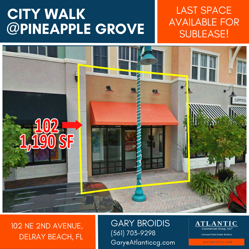 Last space available!! 1,190 SF for Sublease! City Walk is the premier destination serving the greater downtown Delray Beach and Pineapple Grove market area. 

For more info, contact Gary Broidis 
954-801-8100

ow.ly/GqEc50JBPKE

#office #lease #sublease #forlease #cre