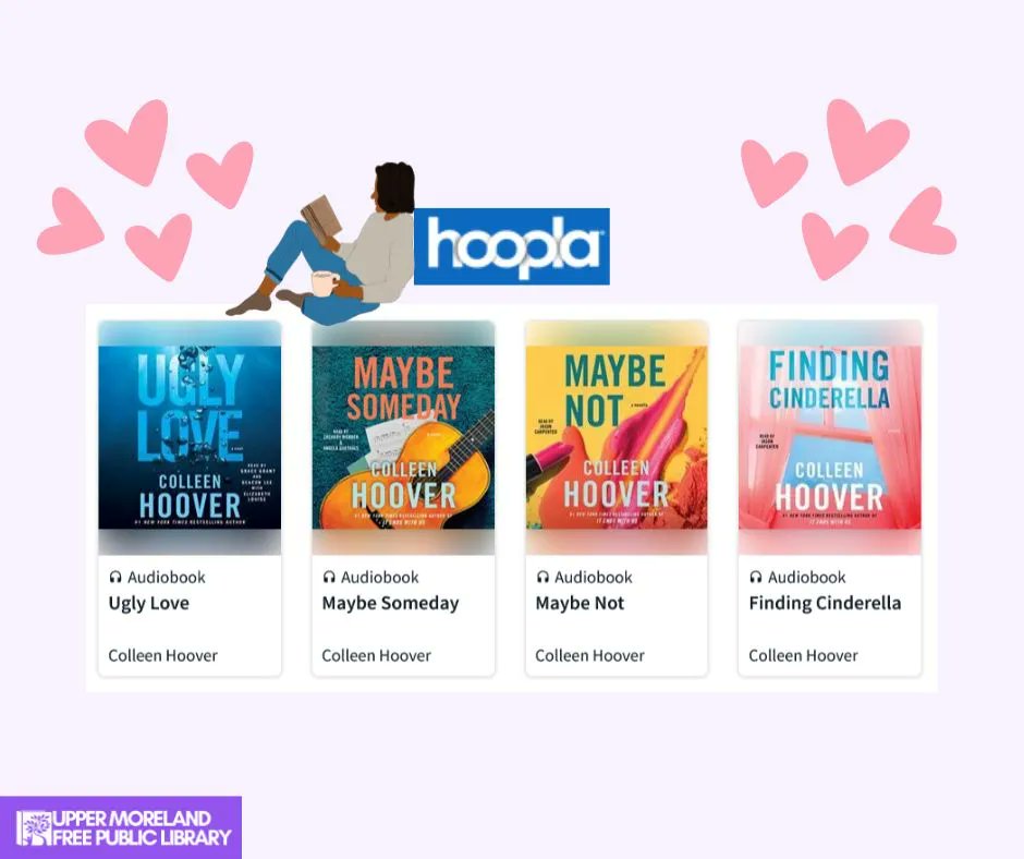 UMFPL's tweet image. Looking to catch up on some Colleen Hoover books before reading her latest release "Never, Never"? hoopla has you covered! Listen to some of her popular novels and see what everyone has been raving about!! #NeverNever #hoopla #ColleenHoover