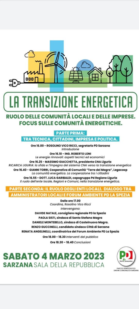 ♻️ "La #transizione energetica: ruolo delle #comunità locali e delle imprese, focus sulle comunità #energetiche"
📍 Sabato 4 marzo dalle ore 16 in Sala della Repubblica a #Sarzana incontro PD con i consiglieri regionali <a href="/davidenata/">Davide Natale</a> <a href="/lucagaribaldi/">Luca Garibaldi</a>, esponenti <a href="/CnaLiguria/">CNA LIGURIA</a> e #Sindaci