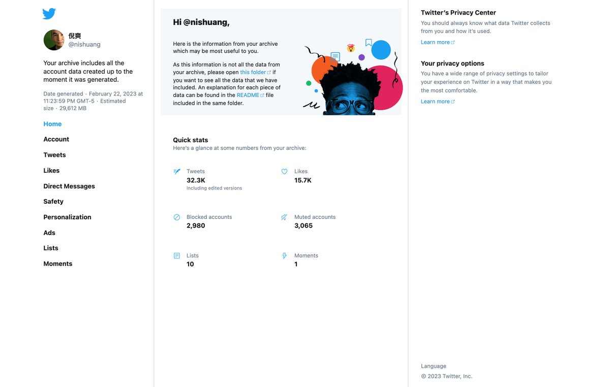 统计数据说我在 Twitter 已经发表了 385 万字，所以我就把我在 Twitter 的所有数据都下载到电脑 鼓吹去中心化的人只说 ...