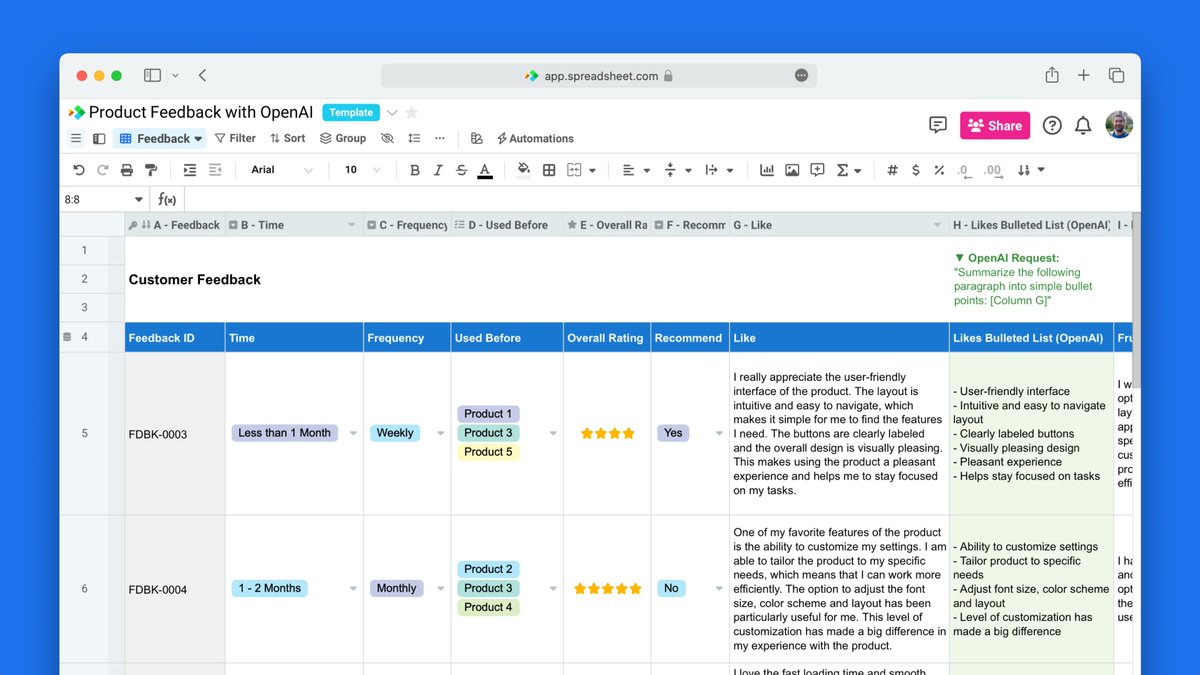 spreadsheetcom's tweet image. Get valuable insights from your customers with Spreadsheet.​com&apos;s #OpenAI integration in our Product Roadmap template and #GetSheetDone buff.ly/3Y9JTkW