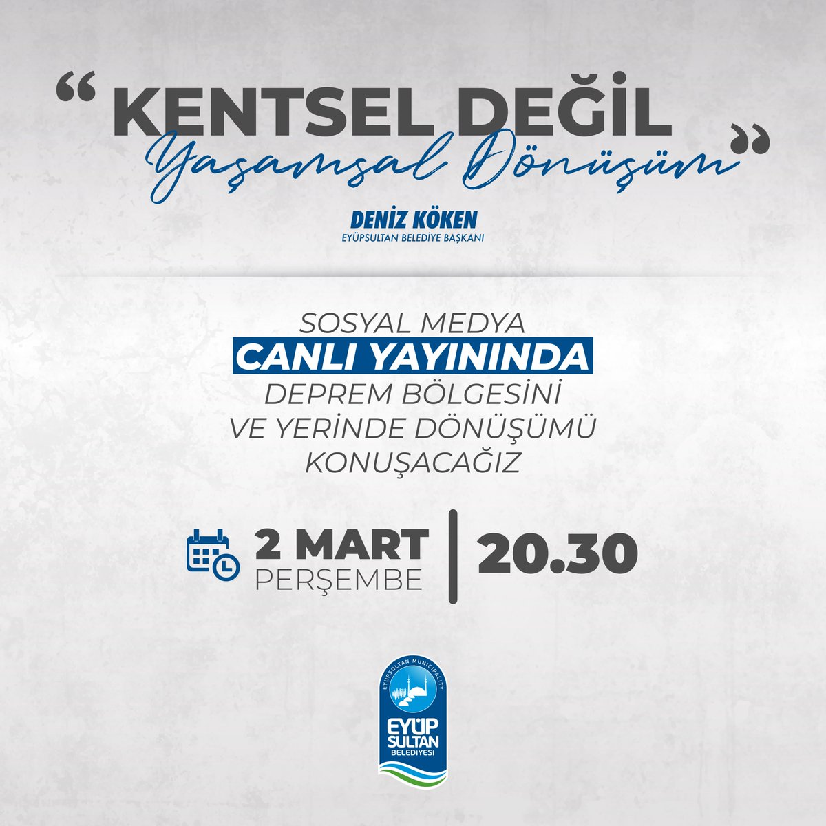 ❝KENTSEL DEĞİL
YAŞAMSAL DÖNÜŞÜM❞

2 Mart Perşembe günü saat 20:30'daki sosyal medya canlı yayınımızda deprem bölgesindeki çalışmalarımızı ve Eyüpsultan'da yerinde dönüşümü konuşacağız.