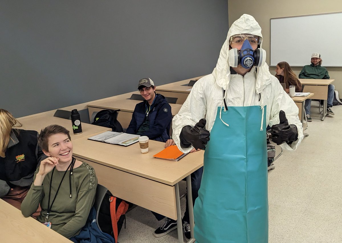 DelValTurf's tweet photo. PPE demo today in my Pesticides class.  Thanks Mark Gates for being my model @DelVal https://t.co/E0GMoj35NI