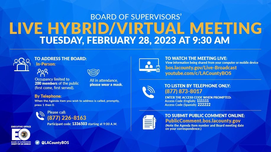 Today's @LACountyBOS meeting will begin soon, at 9:30AM. View the agenda: assets-us-01.kc-usercontent.com/0234f496-d2b7-… Watch live: bos.lacounty.gov/board-meeting-… See below for participation details.