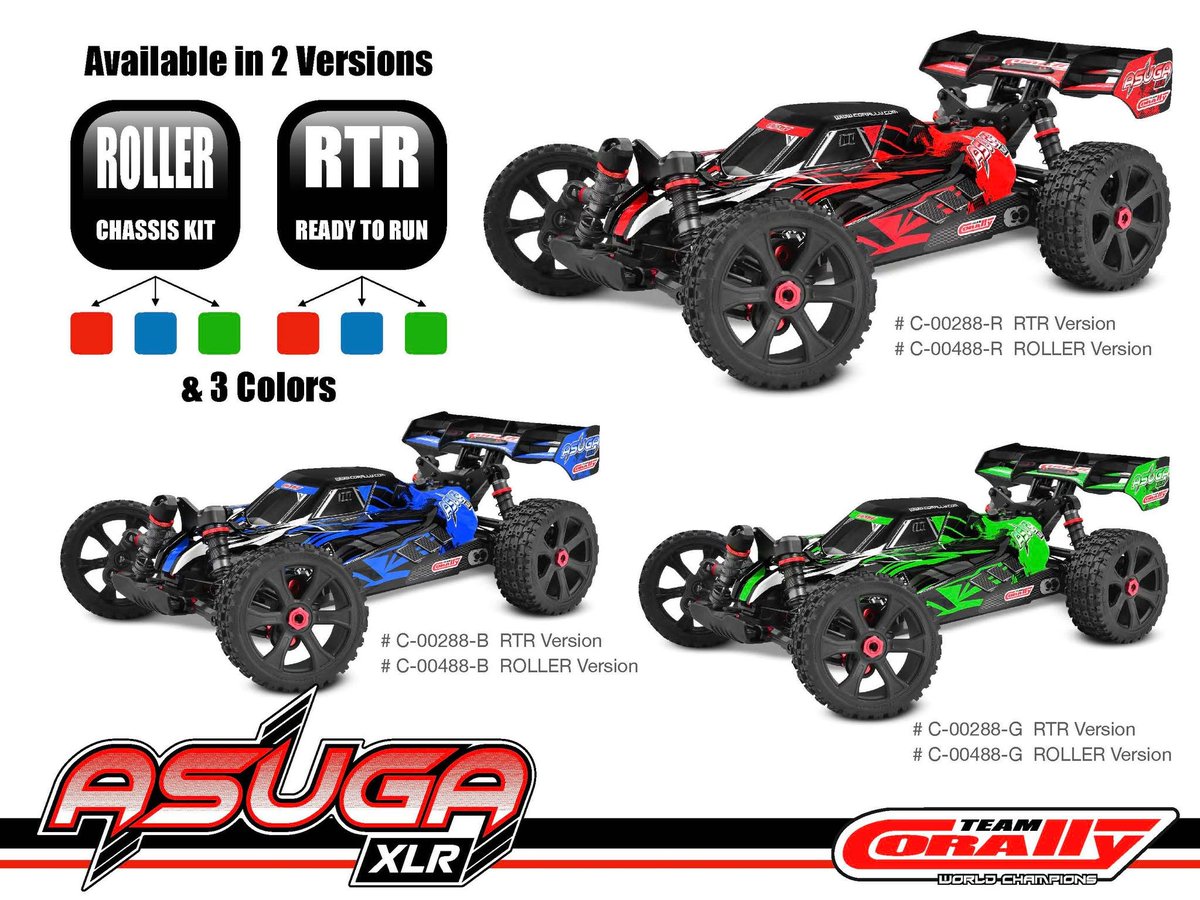 CMLDistribution's tweet photo. Decision time. RTR or roller. Red, green or blue?? The Corally #Asuga XLR offers plenty of choice and more size, 15% more! Go BIG in March!
https://t.co/hgK11RpTEH https://t.co/dfLd8NAUs2