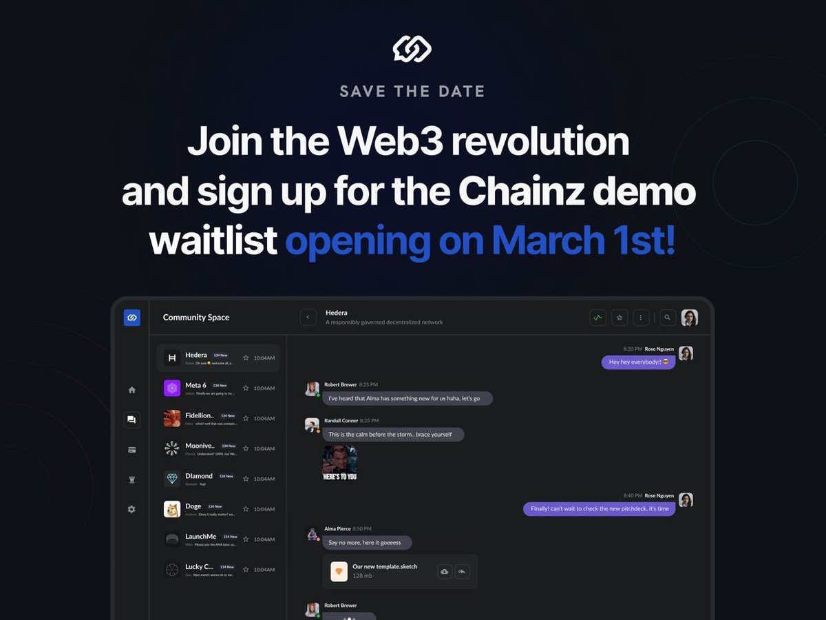 March 1st, #Chainz new website will be live. Also you'll have the opportunity to join the waitlist for the #Chainzmessenger demo. By signing up, you'll be able to skip the queue and also receive exclusive random airdrops when we launch. 
#hbar #Web3
t.me/+cMgLXGcscN1jZ…