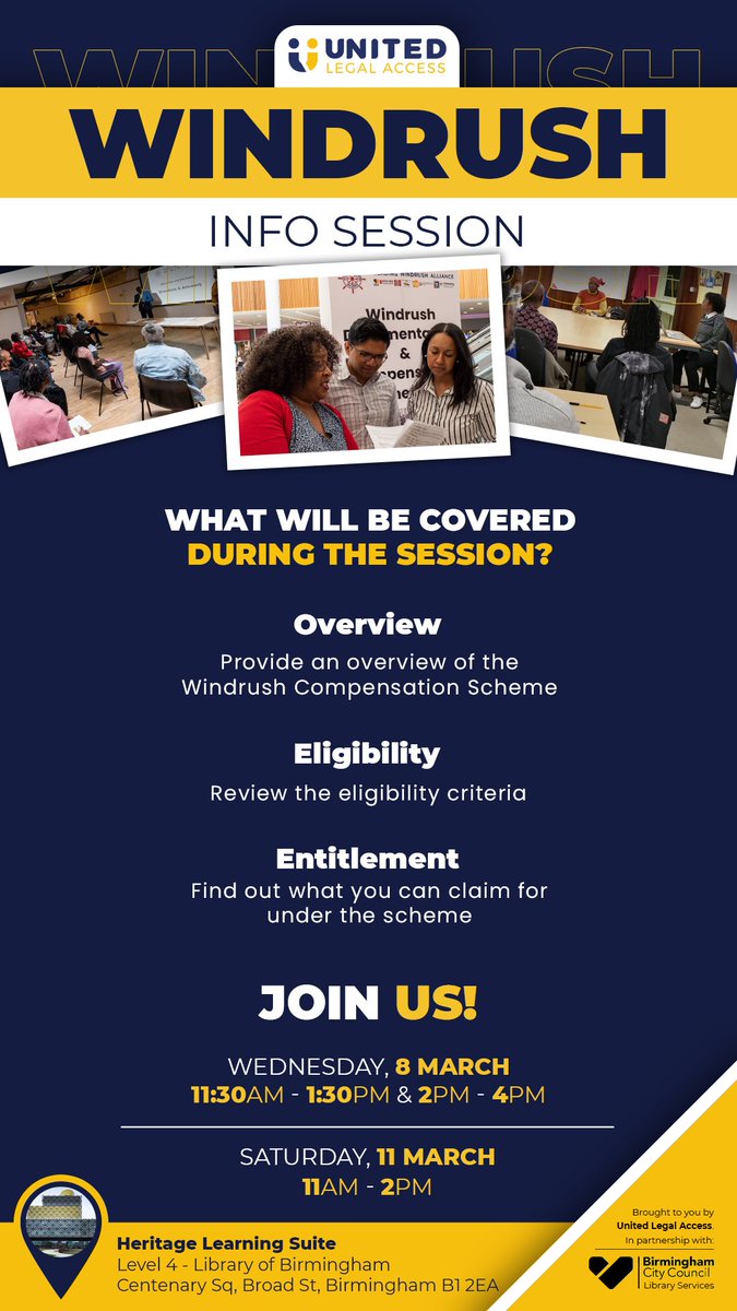 In partnership with 
<a href="/BhamCityCouncil/">Birmingham City Council</a>
 Library Services, we will be holding #Windrushcompensation workshops at the Library of #Birmingham on 8 &amp; 11 March 2023. Join us at one of our sessions to learn more about the help you can receive. <a href="/Law_Works/">LawWorks</a> <a href="/AREtweets_/">Action for Race Equality</a> <a href="/DefendWindrush/">Windrush National Organisation WNO. W.Movement UK</a>