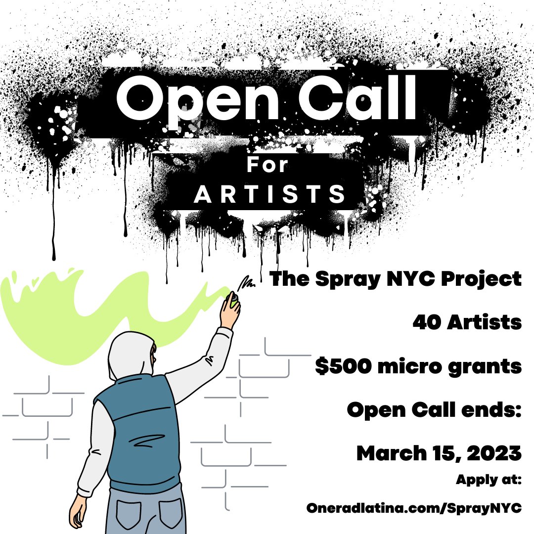 Calling all NYC based artists! 
The Spray NYC Project is offering 40 microgrants of $500 each to support your passion for art. 
Submit your work for a chance to be selected and receive a microgrant:
Oneradlatina.com/spraynyc