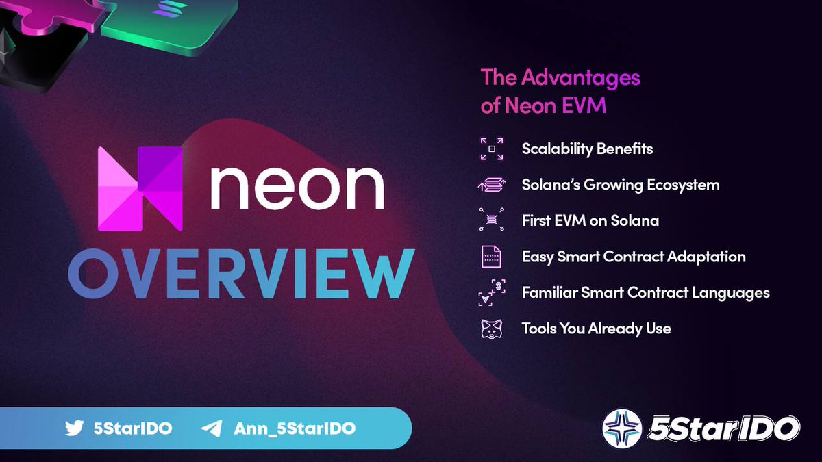 5StarIDO's tweet photo. Neon is an Ethereum Virtual Machine that allows developers to run #Ethereum dApps on the #Solana blockchain without having to modify the code. 

This provides the benefits of both #ETH and #SOL networks like improved performance, security, decentralization and sustainability. https://t.co/p7iKOm2dbg