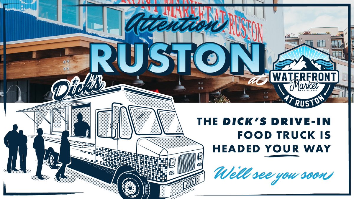 wmaruston's tweet photo. Mark your calendars for March 11th! The @DicksDriveIns food truck will be at the market from 11am-2pm!! #rustonwa #tacomawa #burgers #shakes #dicksburgers #tacomafoodtruck #foodtruck #rustonwaterfront #downtowntacoma #tacomalunch #tacomadinner https://t.co/FNvOKMjxvH