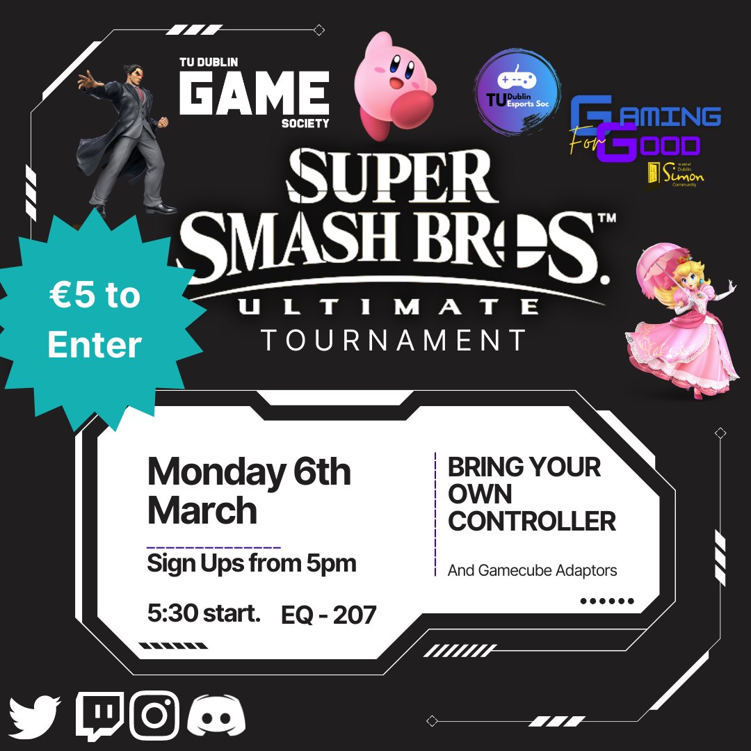 TUDublinGameSoc's tweet photo. Get ready to get your smash on! Super smash bros tournament with fund raising for Dublin simon community! don't forget your controllers https://t.co/2qBArGfYkv