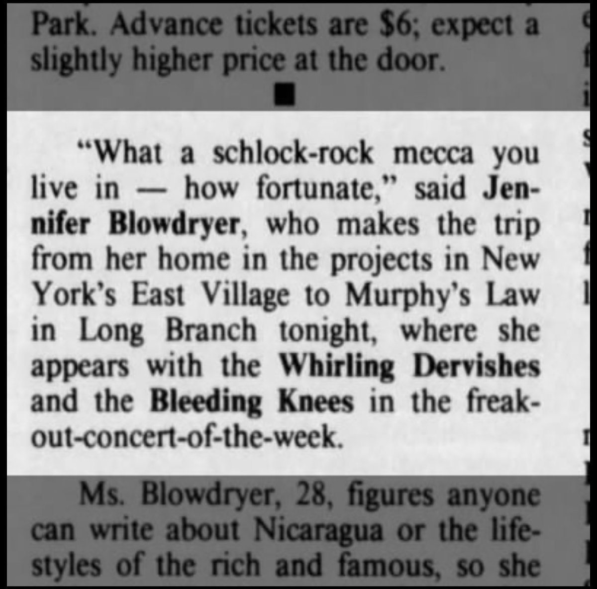 July 28, 1989 Freak-Out-Concert-of-the-Week was the Bleeding Knees with #whirlingdervishes #jenniferblowdryer