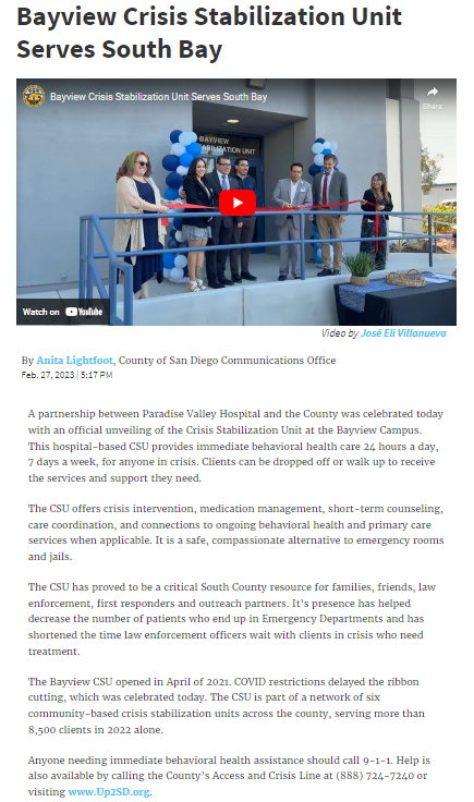 ChadwickCenter's tweet photo. A partnership between @PVHospital & @SanDiegoCounty was celebrated YDAY w/ an official unveiling of the #CrisisStabilizationUnit (CSU) at the #BayviewCampus! For info, #resources, #support, & a list of CSU's in #SDCounty, visit: https://t.co/UPf4MzwKNe OR https://t.co/s49CPVegfn https://t.co/aXDUA6on5N