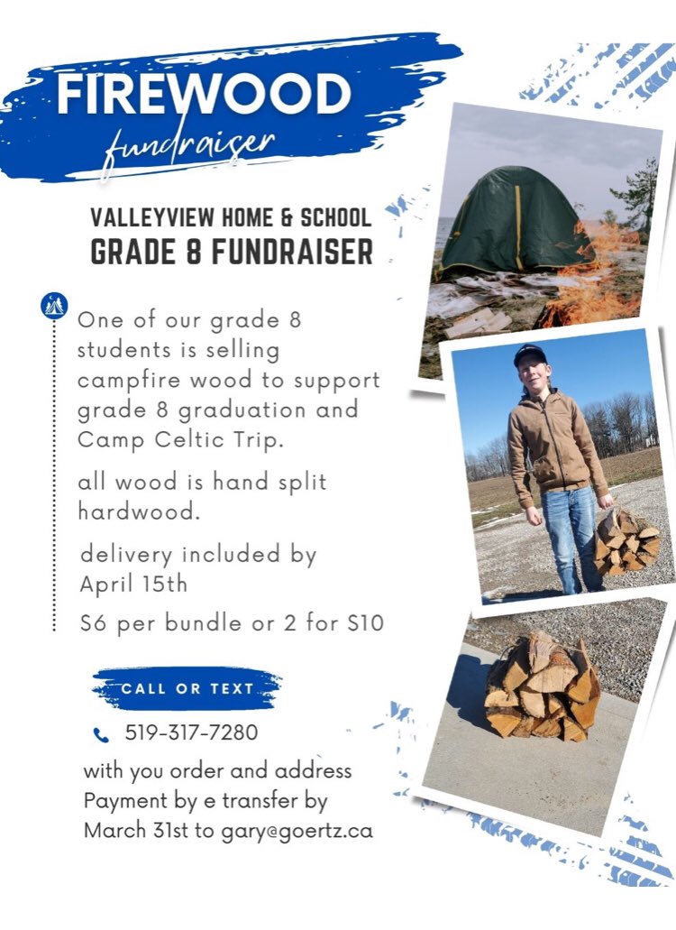 Chopped campfire wood anyone? One of our students is raising funds for his class trip to Camp Celtic and towards graduation.  Please visit the Valleyview Home and School Association Facebook page for more information: m.facebook.com/groups/6040131…