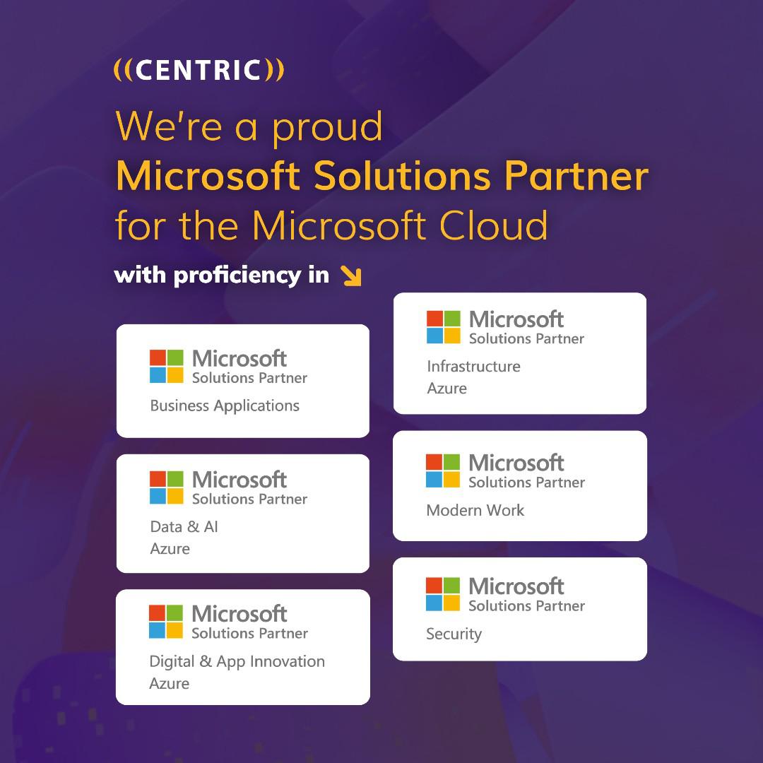 mbrannan's tweet image. We could not be more proud to announce that Centric has earned all six #MicrosoftSolutionsPartner designations! 👏 Out of thousands of Microsoft partners in the US, we are one of the first 25 to achieve the Microsoft Cloud Solutions Partner designation.